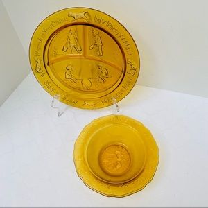 Vintage Tiara Indiana Glass Amber Child's Nursery Rhyme Dinner Set Mother Goose